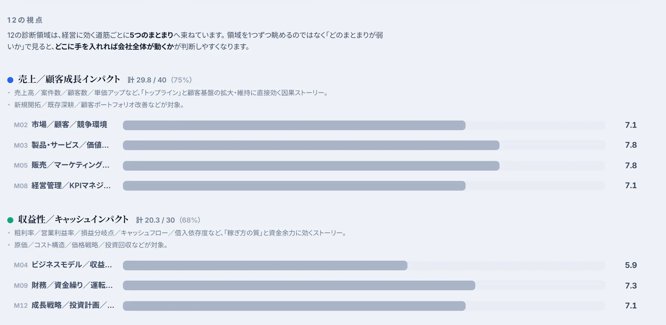 経営診断の画面例（サンプルデータ）：12の視点。12の領域をまとまりごとに束ね、領域ごとの点数を棒で示す画面